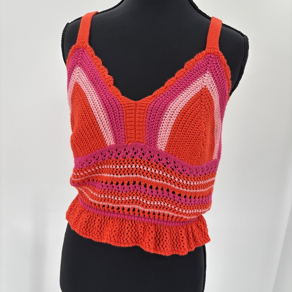 Y2K Crochet Knit Cami Tank Top Large Pink Orange Festival Indie Boho Peplum